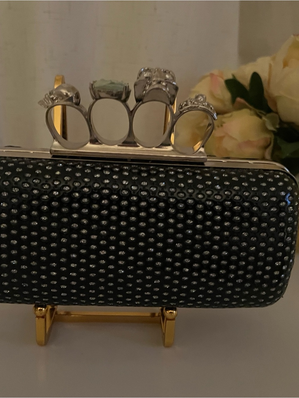 Embellished Black Rhinestone Knuckle Clutch